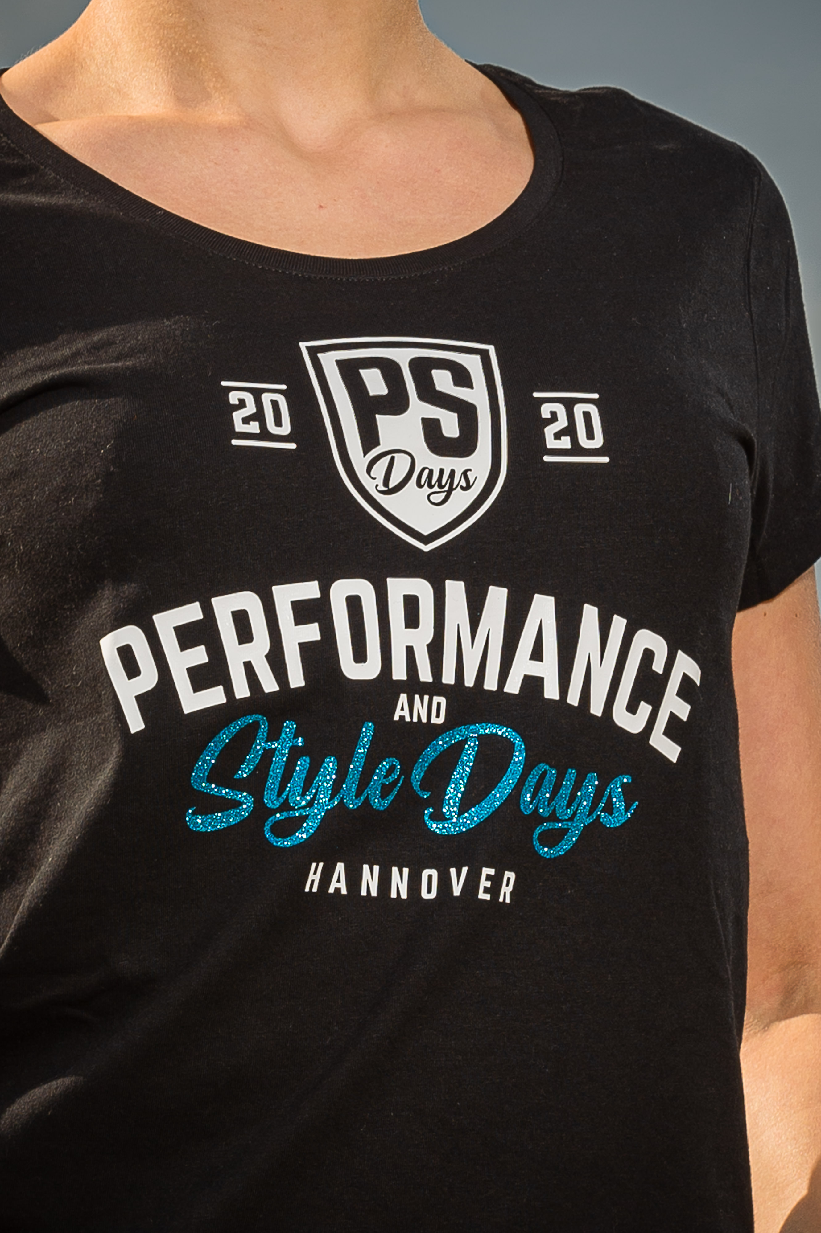 Damen T-Shirt Premium "PS Days" - schwarz-blau Glitzer